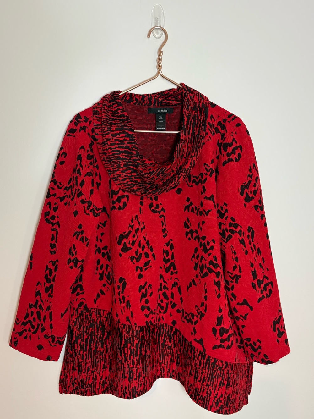 Ali Miles 1X Red Patterned Cowl Neck Tunic Top Shirt Lagenlook